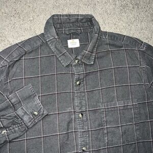 Marine Layer Men Large Black Gray Plaid Cotton Flannel Button Down Shirt